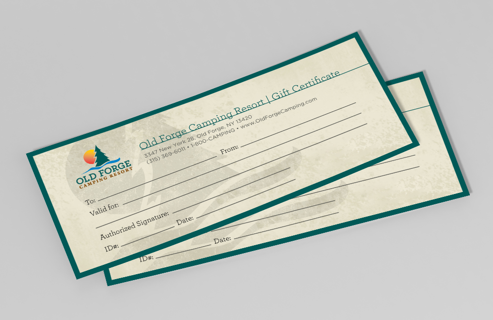 Picture of gift certificates from Old Forge Camping Resort.